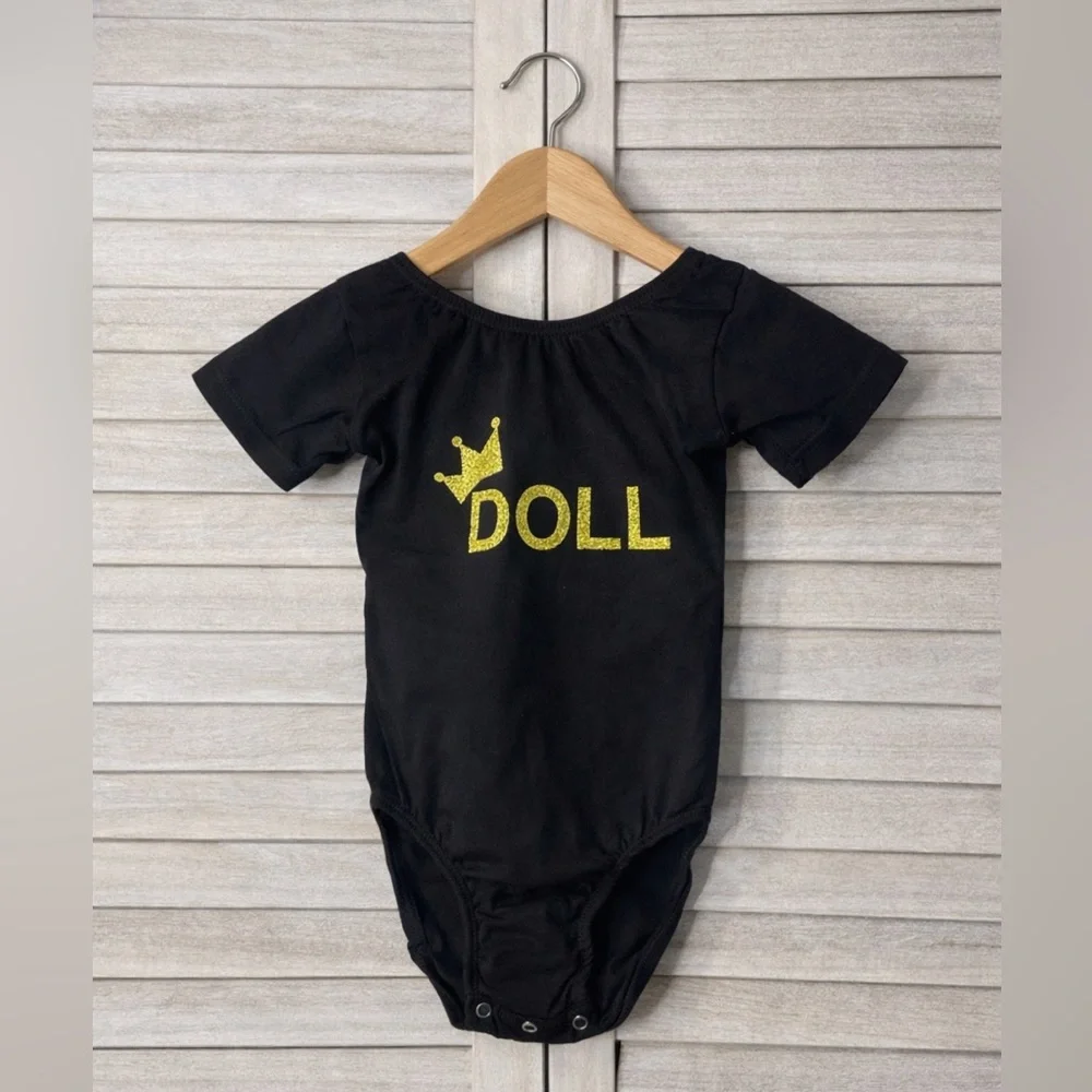 Small Shop “DOLL” Crown Leotard Size 3/4 Black Gold Dance Costume Toddler Girl